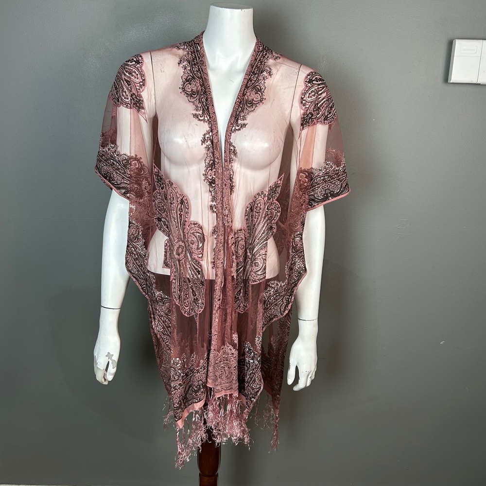 Regency Fairy Kimono David and Young Pink Sheer Velvet Burnout Fringe One Size